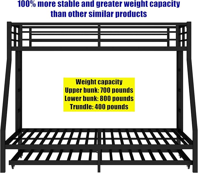 LUXIEE Upgraded & Stronger Heavy Duty Steel Twin XL Over Queen Bunk Bed Frame, More Stable Safer Thickened Metal Bunkbeds with Twin Size Trundle (Twin XL Over Queen)
