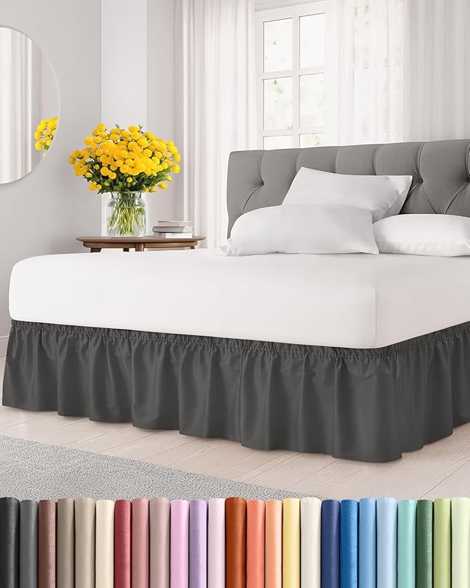 Wrap Around Dust Ruffle Bed Skirt - Charcoal - for Queen Size Beds w/ 12 Inch Drop - Easy Fit Elastic Strap - Adjustable Pleated Bedskirt w/Brushed Fabric - Wrinkle Free - Women, Men, Kids & Teens