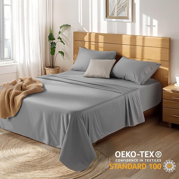LBRO2M 100% Cotton Sheets Set Deep Pocket 19", 1000 Thread Count Full Size 4 Piece Bed Sheet Sets Soft Comfortable Bedding All Season (Full, Gray)