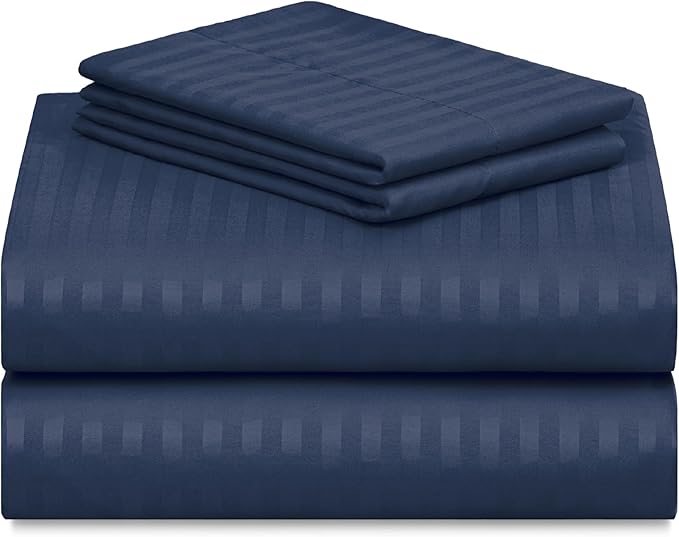 LuxClub 4 PC Queen Sheet Set, Deep Pockets Wrinkle Free Cooling Bed Sheets Hotel Bedding for Women, Men, Includes 1 Fitted Sheet, 1 Flat Sheet and 2 Pillowcases-Striped - Navy