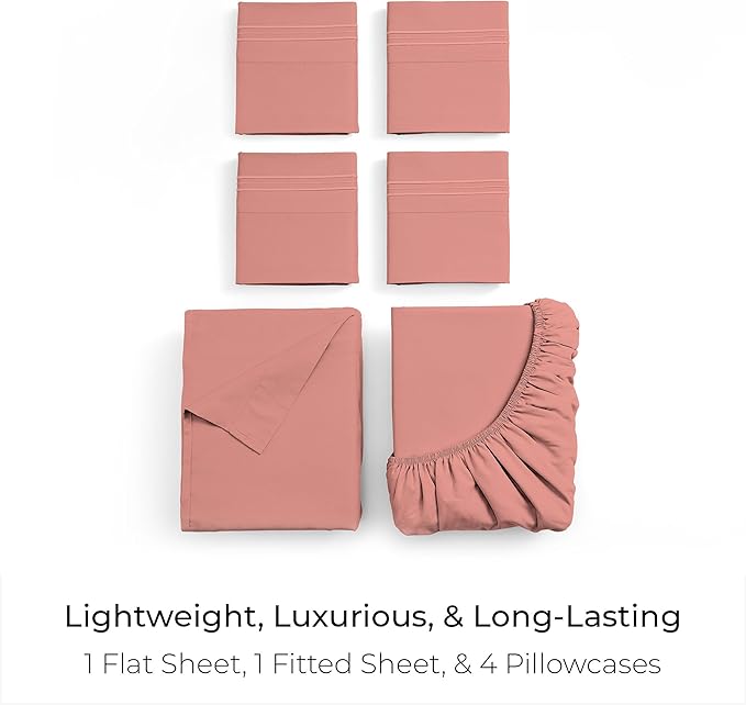 Mellanni Queen Sheet Set - 6-Piece Iconic Collection Bedding, (Including 4 Pillowcases), 16-Inch Deep Pocket, Easy Care, Extra Soft, Cooling Sheets, Brushed Microfiber - Coral