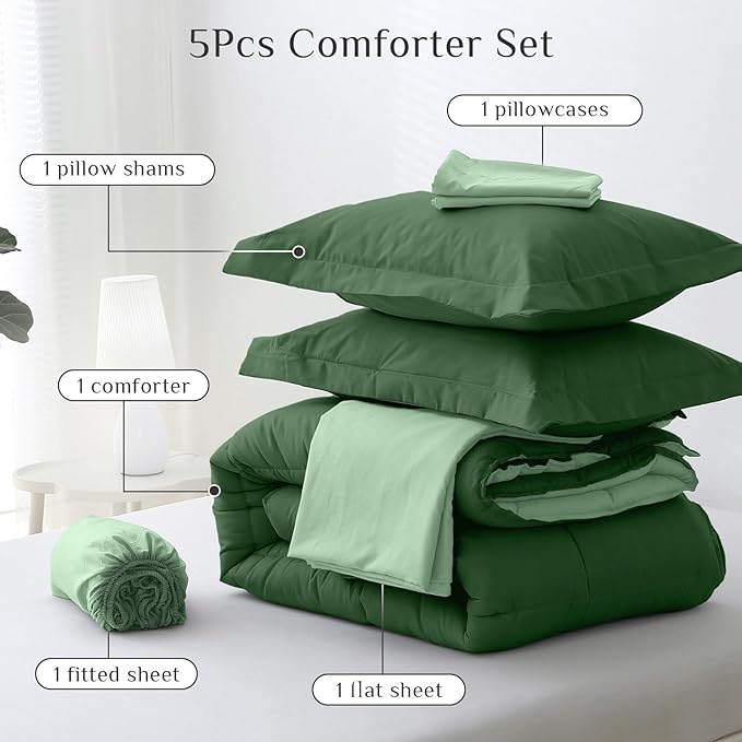 JOLLYVOGUE Twin Comforter Set, Ultra-Soft Bed in a Bag Twin Size 5 Pieces, Oeko-TEX Certified Bedding Set with Down Alternative Comforter, Sheets, Pillowcases & Shams, Dark Green & Light Green