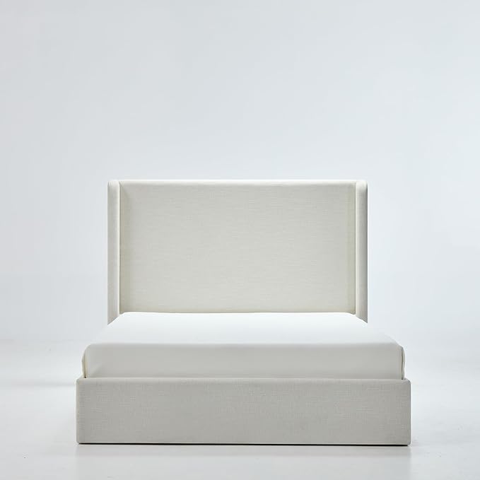 Upholstered Bed Frame King Size, 52.3" High Headboard Platform Beds Caron Tall Wingback Bed Frames, Box Spring Request/No Noise/Simplicity Minimalist, Textured Ivory Canvas Chenille