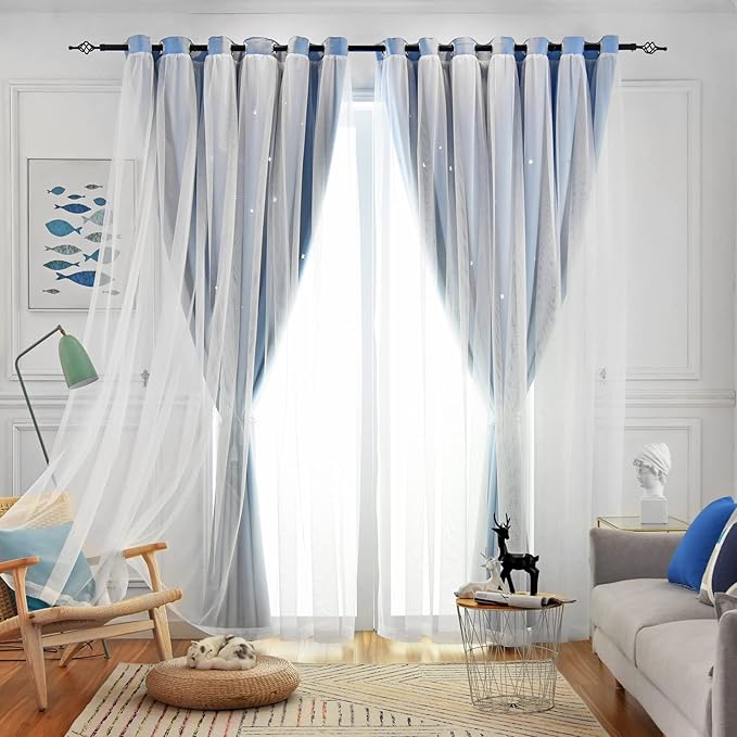 Star Double Layer Blackout Curtains for Bedroom, Kids - Cute, 108 Inches Long, 2 Panels Set, Blue, 42 X 108 Inches
