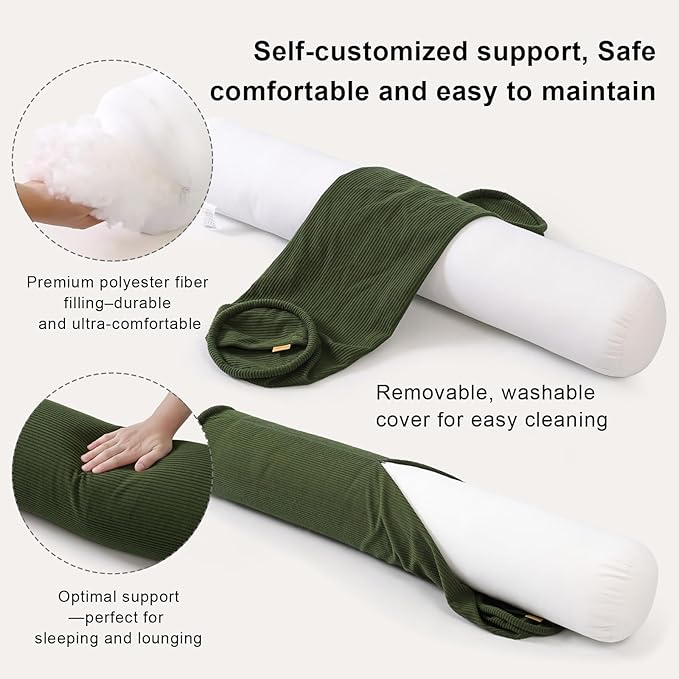 Cuddle Pillow – Corduroy Long Body Pillow for Adults, Cozy Bolster Pillow for Bed, Soft & Supportive for Relaxing Sleep,47 x 7.87 Inches,Avocado Green