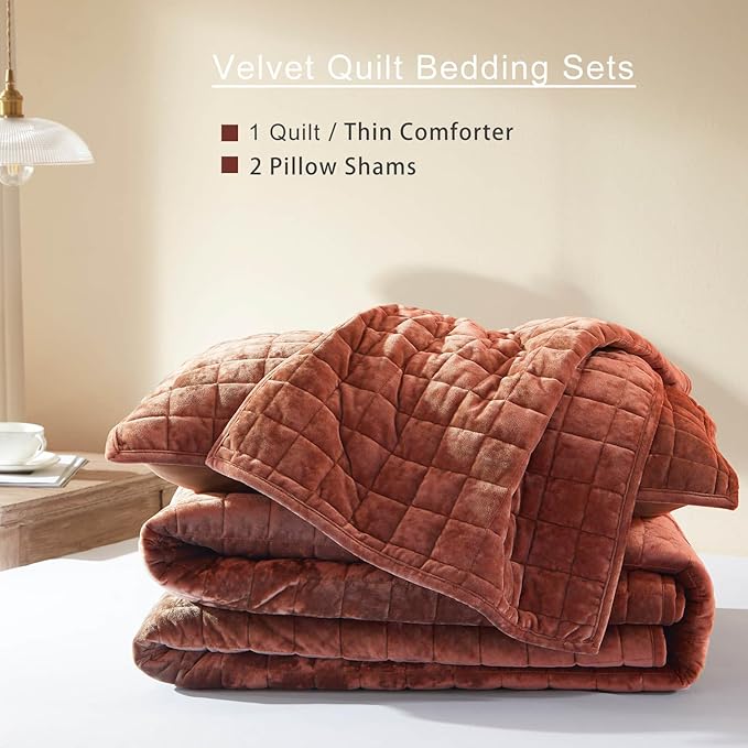 LEAONME Velvet Quilt Full/Queen Size-90''x98'', Lightweight Burnt Orange Velvet Comforter Set with 2 Pillow Shams, Soft Bedspread Coverlet Quilted Bedding Set for All Season