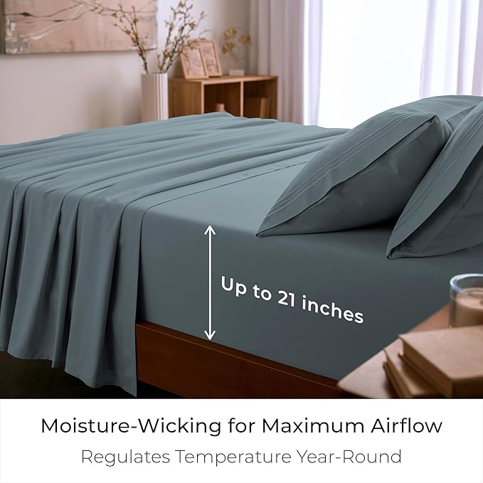 Mellanni King Sheet Set - 6-Piece Iconic Collection Bedding, (Including 4 Pillowcases), 21-Inch Extra Deep Pocket, Easy Care, Ultra Soft, Cooling Sheets, Brushed Microfiber - Spa Blue