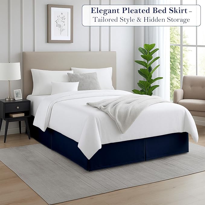 Queen Bed Skirt, Luxury 14 Inch Drop Navy Blue Pleated Bed Skirt, Double Brushed Microfiber, Box Pleat Design, Wrinkle & Fade Resistant, Easy Fit Tailored Bedskirt for Queen Size Beds