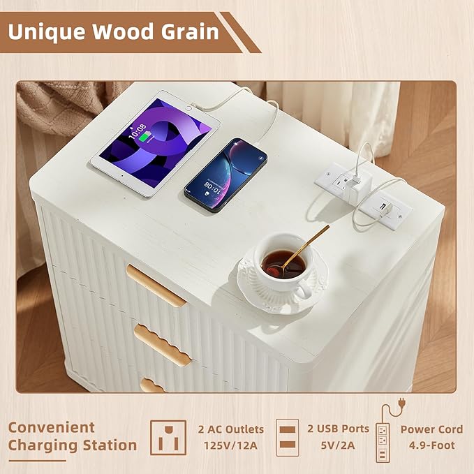 LEYAOYAO Fluted Dressers & Nightstand Set of 3, Wood 48" Wide Dresser & 42" Tall Chest of Drawers,Modern Bedroom Furniture Sets, Antique White Wooden Nightstand with 3 Drawers & Charging Station