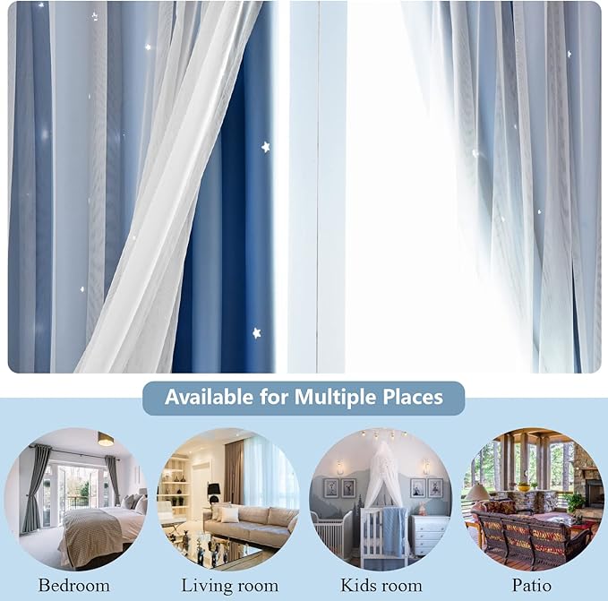 Star Double Layer Blackout Curtains for Bedroom, Kids - Cute, 108 Inches Long, 2 Panels Set, Blue, 42 X 108 Inches