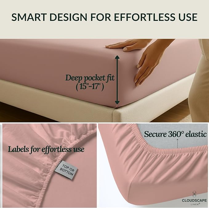 Cloud Scape Linen 100% Egyptian Cotton Sheets for Queen Size Bed, 400 Thread Count, 4 Pieces Bedding Set, Hotel Quality, Silky Soft, Deep Pockets up to 17”, Sepia Rose