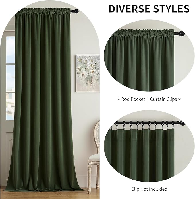 Joydeco Olive Green Velvet Curtains 102 inch Length 2 Panels, Luxury Blackout Rod Pocket Thermal Insulated Window Curtains, Super Soft Room Darkening Drapes for Living Room Bedroom,W52 x L102 inches