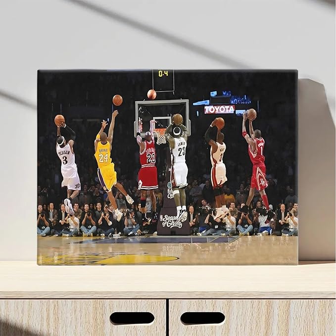 Basketball Legends Canvas Wall Art Print Poster, Iconic Sports Stars Shooting Inspirational Picture, Motivational Photography Wall Decor for Gym Dorm Home Office Living Room Bedroom, Framed 20x24inch