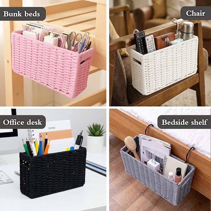 Cotton Rope Woven Bedside Caddy for Dorm Bed, Foldable Bedside Shelf Bunk Bed Accessories, College Dorm Room Essentials Hanging Organizers Storage Basket, Room Decor Magazine File Holder (White)