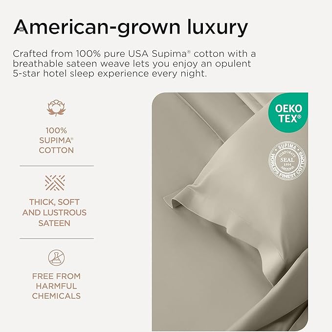 Threadmill California King Sheets, Certified American Supima Cotton Sheets, 1200 Thread Count Hotel Quality, 4 Piece Luxury Bed Sheets Set with Elasticized Extra Deep Pocket, Taupe