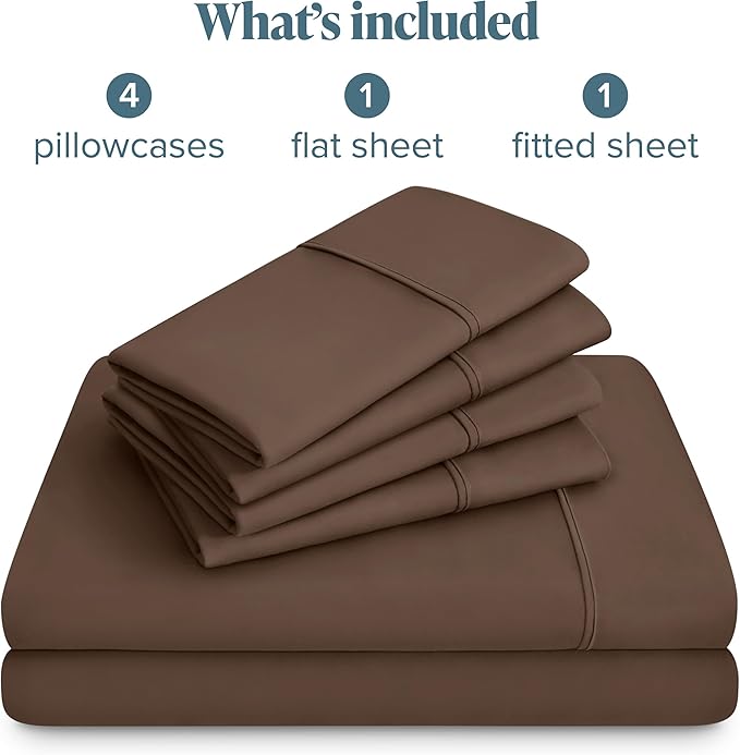 Bare Home Hotel Luxury Queen Sheet Set, Extra Soft - 6 Piece Set - Deep Pockets - Easy Fit - Cooling & Breathable - Wrinkle, Fade, Stain Resistant - Includes 4 Pillowcases (Queen, Cocoa)