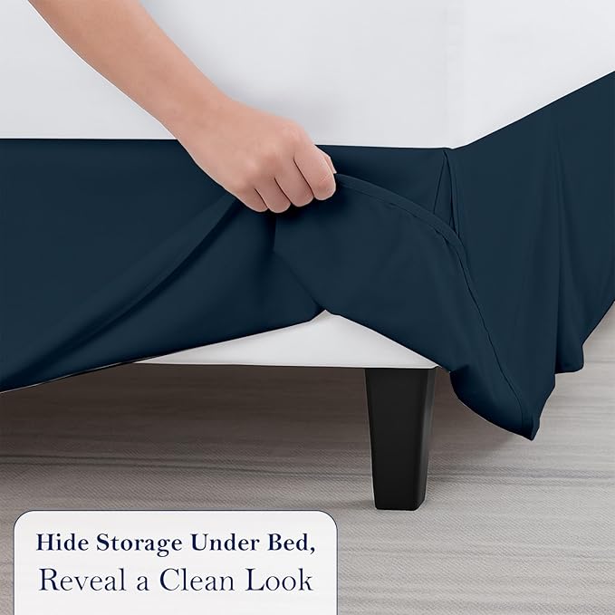 Queen Bed Skirt, Luxury 21 Inch Drop Navy Blue Pleated Bed Skirt, Double Brushed Microfiber, Box Pleat Design, Wrinkle & Fade Resistant, Easy Fit Tailored Bedskirt for Queen Size Beds