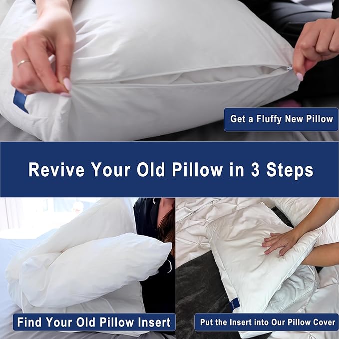 ACCURATEX Fluffy Pillow Cover, 100% Cotton Shell Filled with Down Alternative, Revive Old Flat Pillows, L Shaped Zipper Pillow Protector for Standard Size Pillow, Removable & Machine Washable