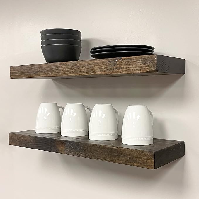 URBANDI, Rustic Floating Shelves, Set of 2, Hidden Bracket, Solid Wood, Heavy Duty, Wall Mounted Shelves, (Dark Brown, 36Wx12D)