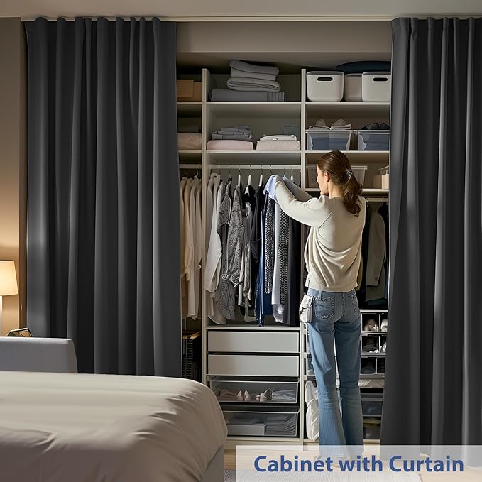 Room Divider Ceiling Mounted Curtains Track Sets Extra Wide Blackout Curtain Flexible Tracks for Bedroom Privacy Partition Separator, 1 Panel Black Drape and White Rail, W10 x H8ft