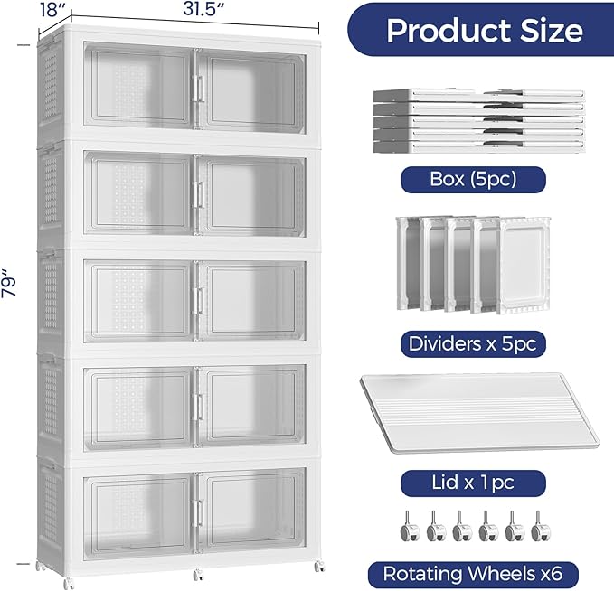 1000 QT Extra Large Stackable Storage Bins with Lid, 250 Gal Collapsible Storage Box with Wheels, Folding Closet Organizers and Storage Cabinet with Doors for Home Kitchen Office, 5Pack White