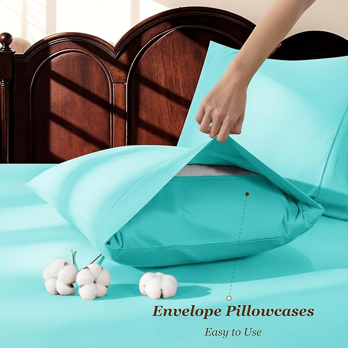 LBRO2M 1000 Thread Count 100% Cotton Sheets Set,King Size Bed Sheet 4 Piece Sets,Long Staple,16 Inches Deep Pocket,All Season,Bedding Super Soft Comforterble Breathable,Sateen(Lake Green)