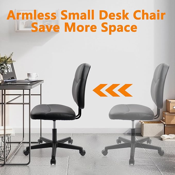 CLATINA Armless Home Office Chair, Small PU Leather Ergonomic Low Back Desk Chair with Lumbar Support and Wheels, Adjustable Height 360° Swivel Rolling Computer Task Chair, Black, 8 Pack