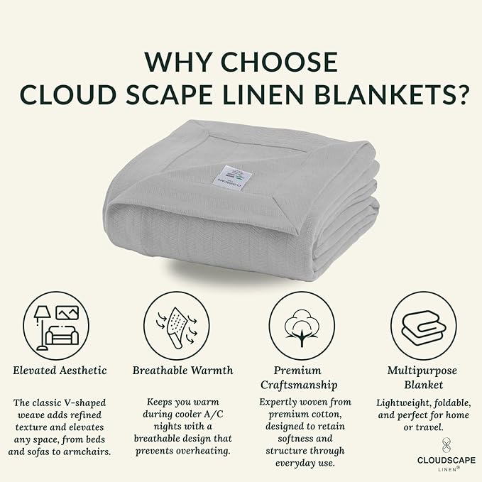 Cloud Scape Linen 100% Cotton Throw Blanket 50x70 Charcoal Grey, Luxury All-Season Warmth, Ultra Soft, Oversized Herringbone Gauze Blanket for Winter, Bed, Couch & Sofa Decor, Best Gift Idea