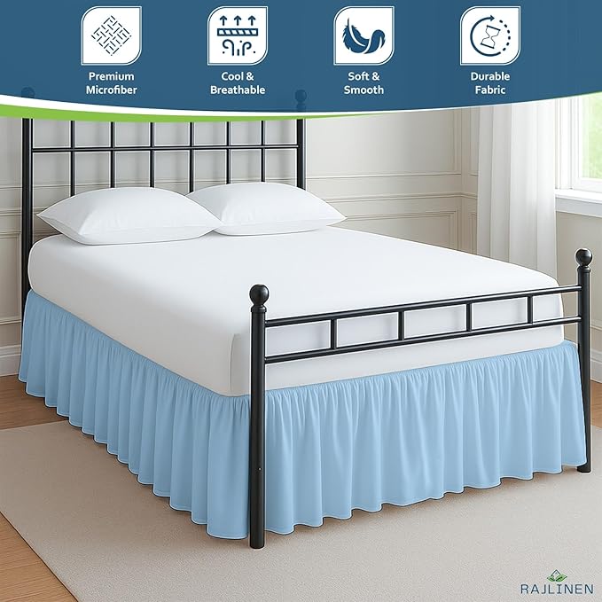 Rajlinen Ruffled Bed Skirt Twin, 21 Inch Drop Dust Ruffle with Split Corners, 100% Microfiber Bedskirt with Platform, Three-Sided Coverage Ruffled Gathering Design, Light Blue