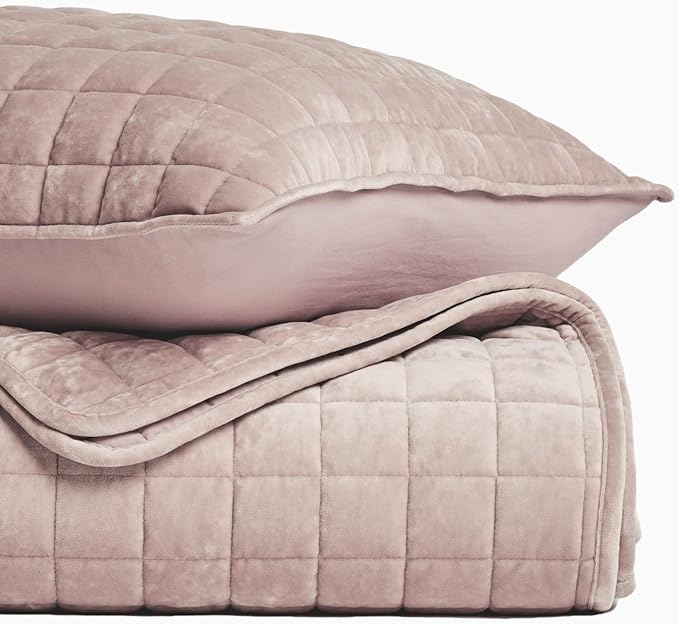 RECYCO Luxury Velvet Quilt Set King Size Bedding Sets, Ultra Soft Velvet Comforter Set, Lightweight Channel Box Stitch Oversized Bedspread Coverlet for All Season, with 2 Shams, Rose Pink