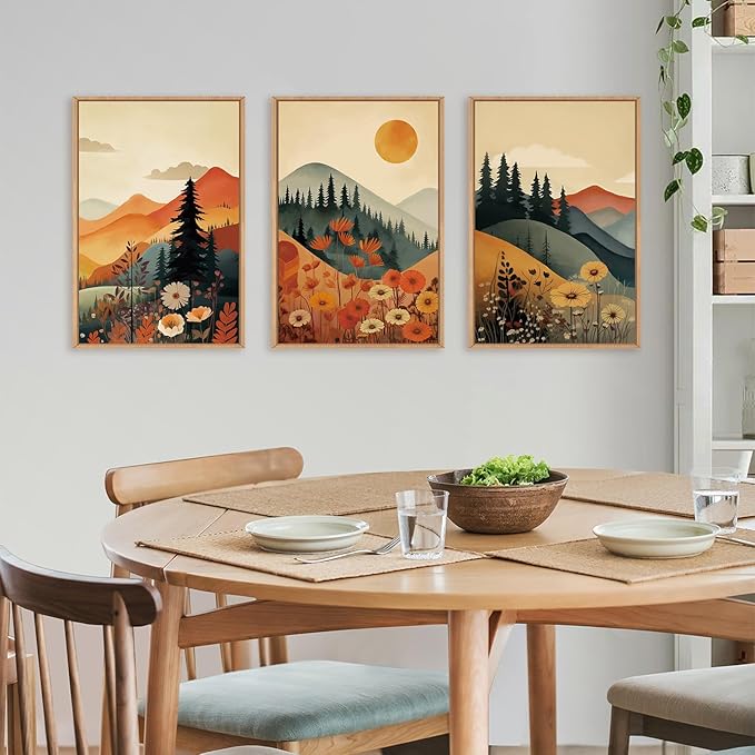 LHIUEM Large Boho Mountain Sunset Framed Canvas Wall Art Set, Pine Tree Flowers Wall Decor, Nature Landscape Forest Artwork for Living Room,Bedroom,Dining Room,Office -24"x36"x3