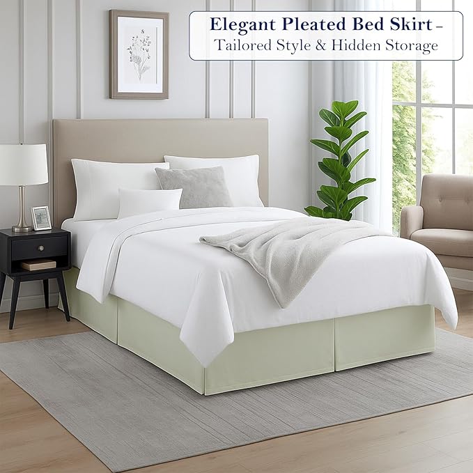 Full Bed Skirt, Luxury 12 Inch Drop Ivory Pleated Bed Skirt, Double Brushed Microfiber, Box Pleat Design, Wrinkle & Fade Resistant, Easy Fit Tailored Bedskirt for Full Size Beds