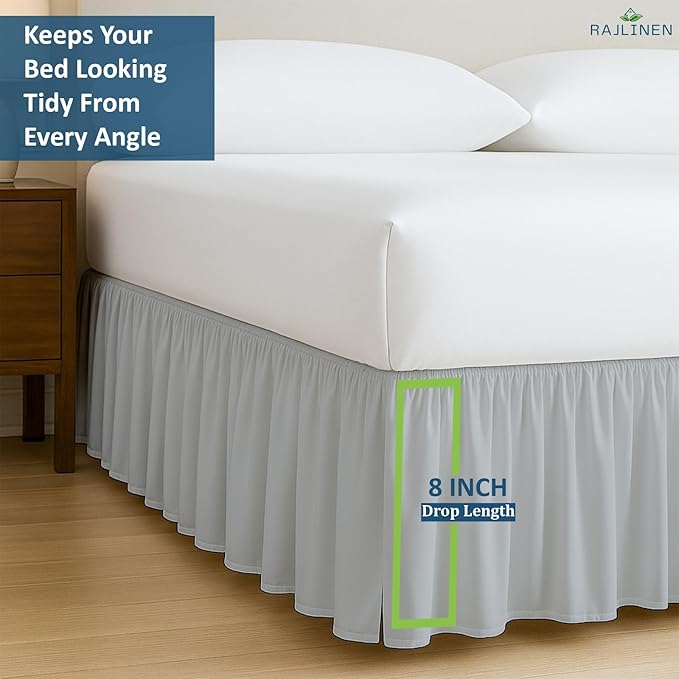 Rajlinen Ruffled Bed Skirt California King, 8 Inch Drop Dust Ruffle with Split Corners, 100% Microfiber Bedskirt with Platform, Three-Sided Coverage Ruffled Gathering Design, Light Grey