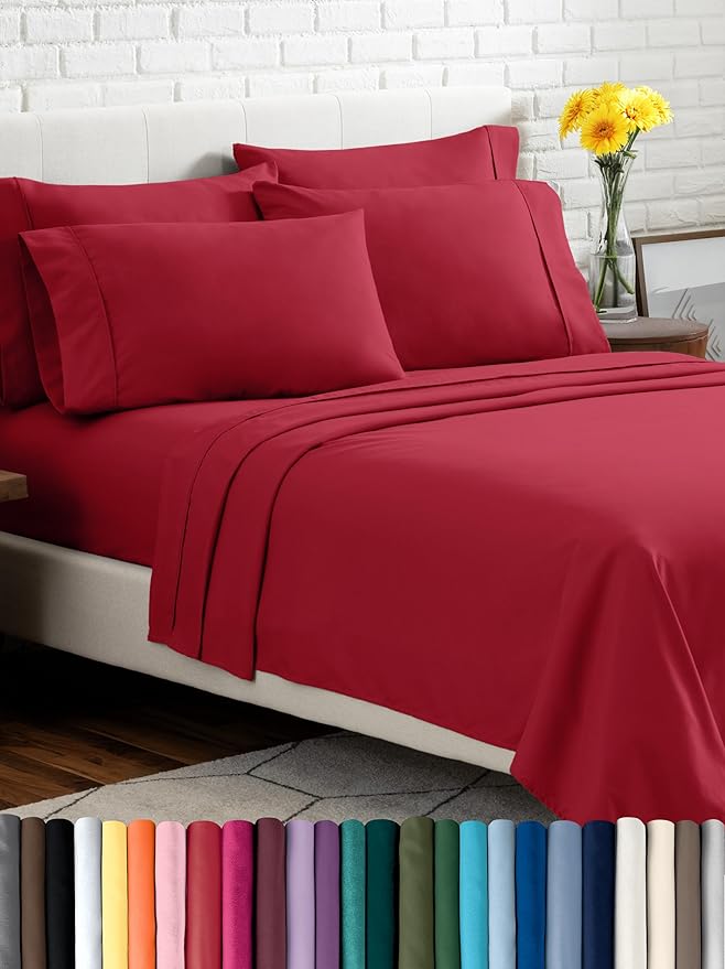 Bare Home Hotel Luxury Queen Sheet Set, Extra Soft - 6 Piece Set - Deep Pockets - Easy Fit - Cooling & Breathable - Wrinkle, Fade, Stain Resistant - Includes 4 Pillowcases (Queen, Red)