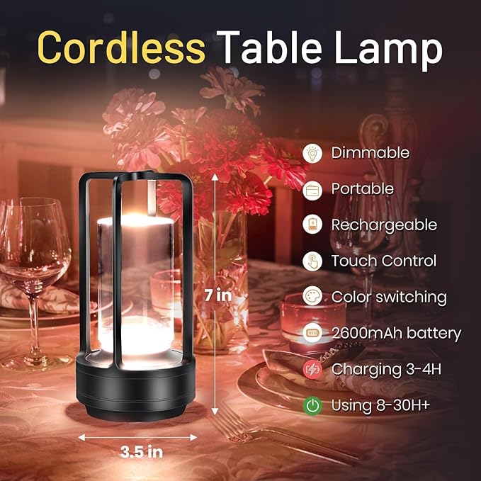Crystal Lantern Lights Set of 2, Czgor Battery Operated Rechargeable Cordless Crystal Table Lamp with 3-Color, Small LED Desk Lamp for Indoor/Outdoor Patio Camping Bedroom Bar Restaurant(Black)