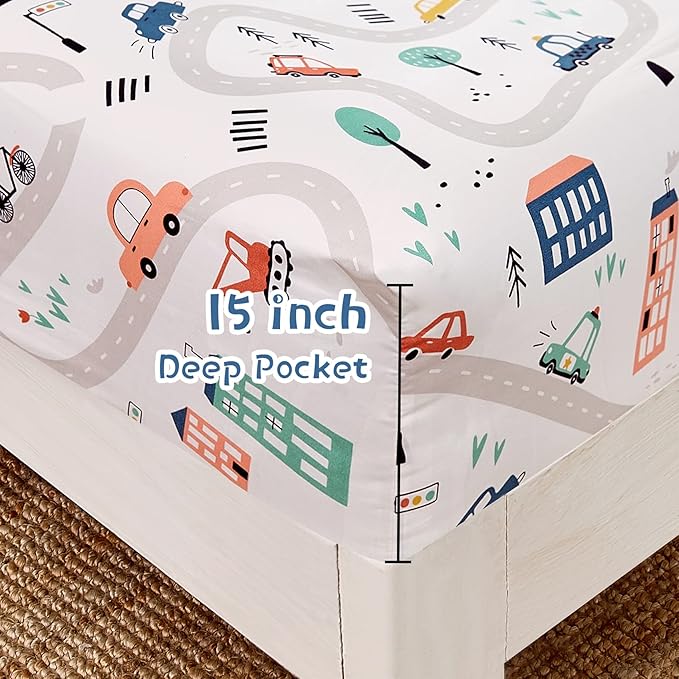 JSD Car Kids Printed Sheet Set Twin Size, 3 Piece Soft Microfiber Bed Sheets Deep Pocket