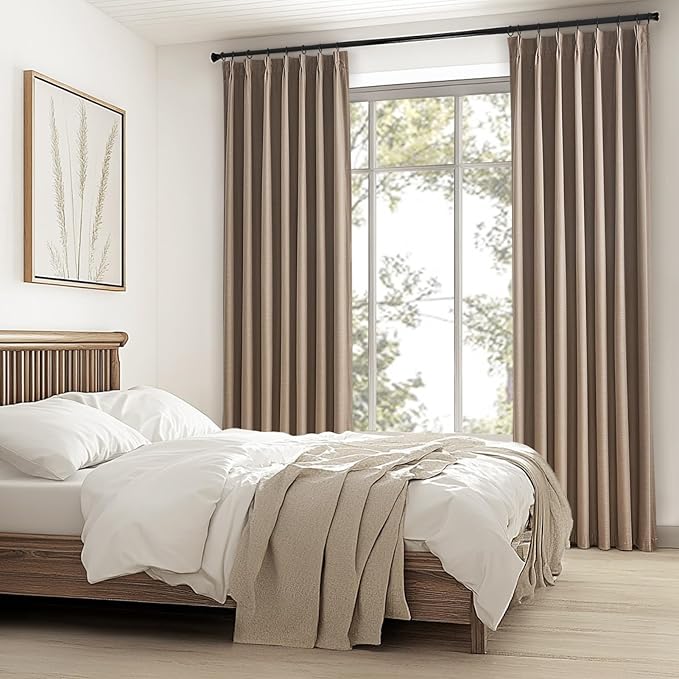 Topfinel 94 Inches Long Taupe Flax Custom Blackout Linen Curtains, Viral Ivory Pinch Pleated Noise Cancelling Curtains with Pin Hooks for Traverse, Burlap Viral Drapes 2 Panels for Living Room