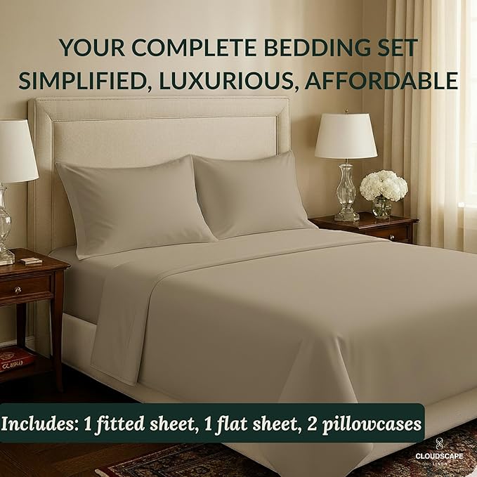 Cloud Scape Linen 100% Egyptian Cotton Sheets Full Size, 4 Pieces Luxury Bedding Set, 400 Thread Count,Hotel Quality, Silky Soft, Deep Pockets up to 17, Taupe