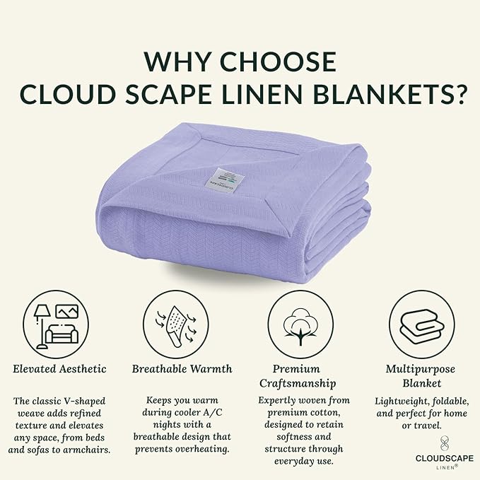 Cloud Scape Linen 100% Cotton Blanket King 92x108 Lavender Blue - Cozy Herringbone Weave, Fits Up to Cal King Beds, Breathable Softness, All-Season Warmth, Heavy Layering Winter Blanket