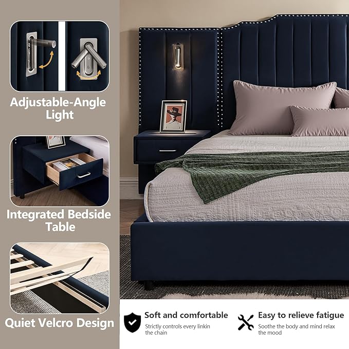King Size Bed Frame with Storage, Luxury King Platform Bed Frame with Headboard, Velvet Fabric Upholstered Bedframe with LED Lights, Solid Frame & Bedside Table,No Box Spring Needed,Dark Blue