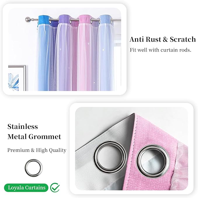 Star Blackout Curtains for Bedroom - Cute Kids Rainbow Curtains, 84 Inch Long 2 Panels, Blue, Purple & Pink, 42 x 84 Inches