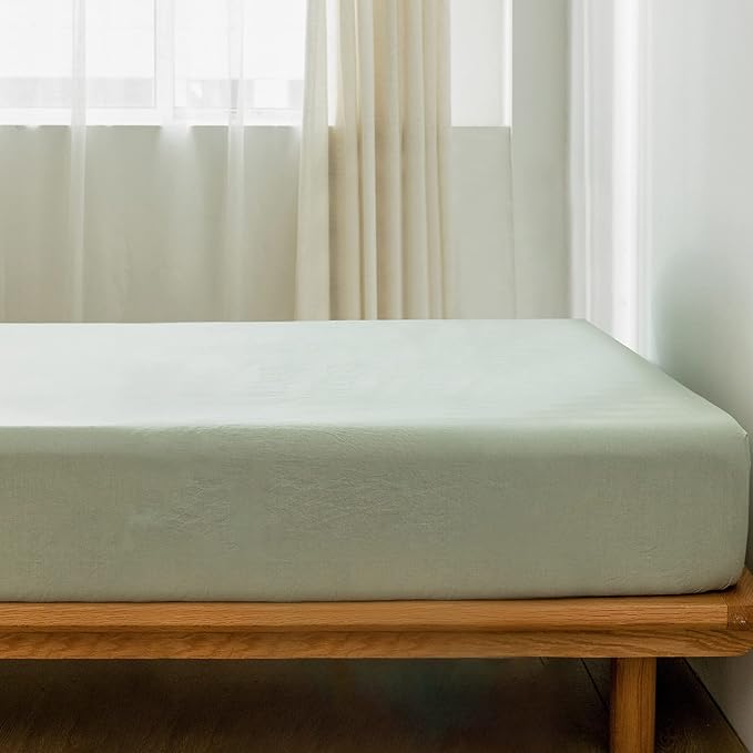 MooMee Fitted Bottom Sheet Only 100% Washed Cotton Linen Like Textured Breathable Durable Soft Comfy Deep Pocket Fits Mattress up to 17" (Sage Green, Twin)