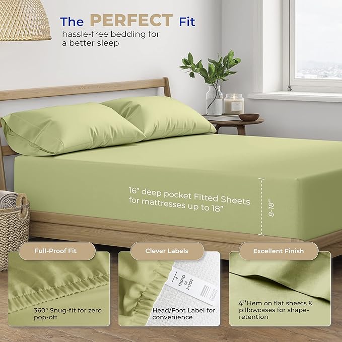 THREAD SPREAD 100% Cotton Sheets Twin Size - 400 Thread Count Cotton Bed Sheets Twin, 3 PC Set (Sage Green), Luxury Soft, Breathable, Cooling, Sateen Weave 16" Deep Pocket Bedsheet for Dorm Rooms