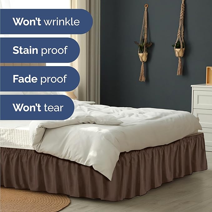 Wrap Around Dust Ruffle Bed Skirt - Brown - for Full Size Beds with 24 Inch Drop - Easy Fit Elastic Strap - Adjustable Pleated Bedskirt w/Brushed Fabric - Wrinkle Free - for Women, Men, Kids & Teens