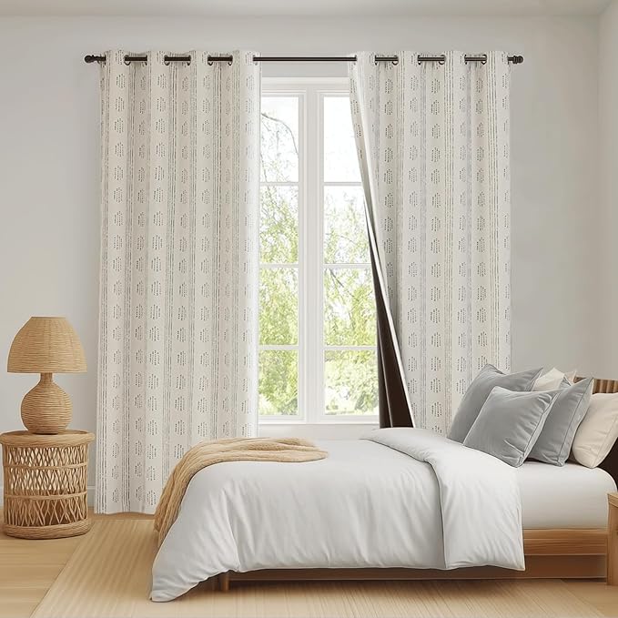 100% Boho Blackout Curtains 84 Inches Long for Bedroom, Grey on Beige Patterned Bohemian Curtains for Living Room, Geometric Striped Thermal Insulated Window Drapes Gromment Top 2 Panels