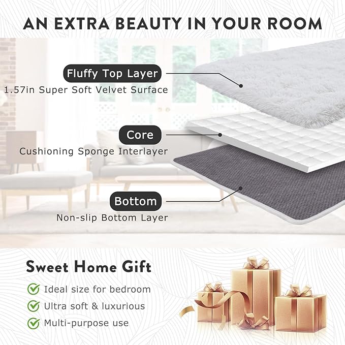 White Rugs for Living Room, Large Area Rug 6x9 Fluffy Shag Rug for Bedroom, Soft & Non Slip Fuzzy Thick Plush Carpet for Kids Room Dorm Home Decor