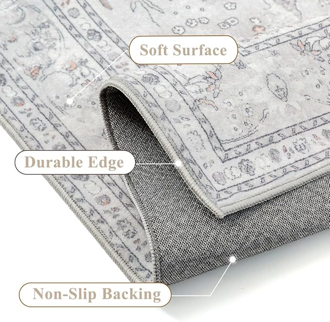 Grey 2x8 Runner Rug Washable Vintage Long Carpet for Hallway Kitchen Soft Retro Floral Low Pile Indoor Runner Non Slip Central Medallion Throw Rug for Bathroom Bedroom Laundry Dining Room