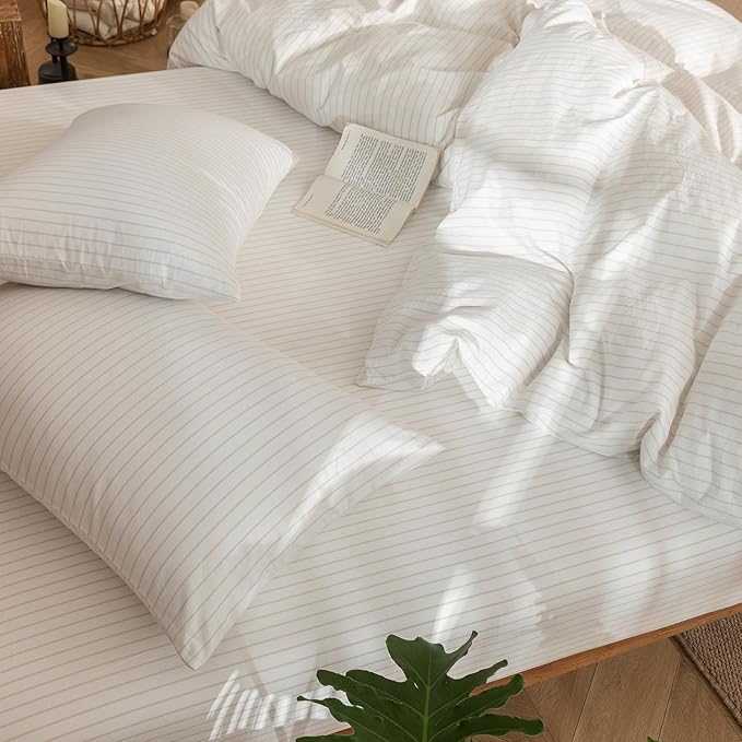 MooMee Striped Duvet Cover Set 100% Washed Cotton Linen Like Textured Breathable Durable Soft Comfy (White Almond Milk Grey Wide Stripes, Oversized King Plus 128"x120")