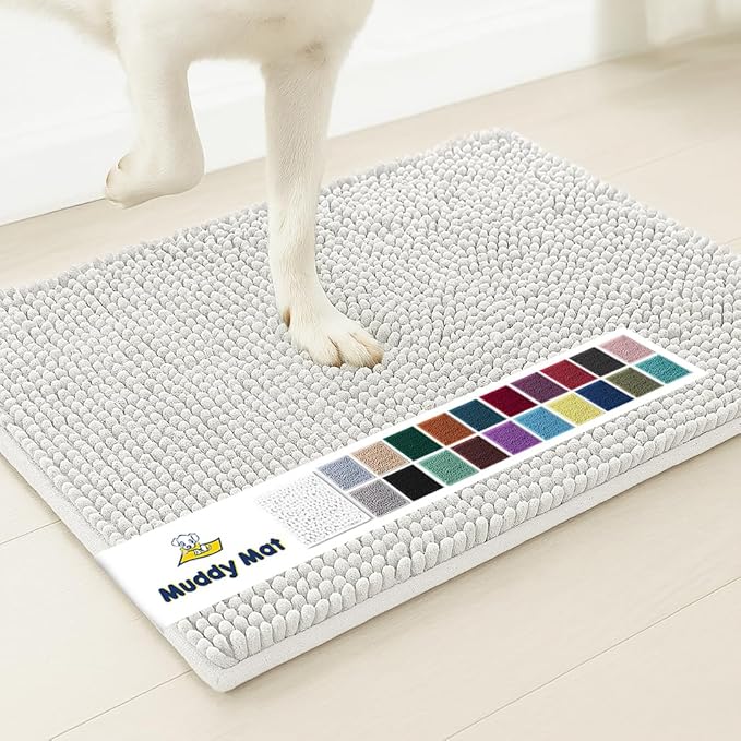 Muddy Mat® Shown on TV – Super Absorbent Microfiber Dog Door Mat for Muddy Paws, Non-Slip Washable Pet Rug, Quick Dry Chenille Entryway Carpet, Machine Washable Indoor Outdoor mat, White 35"x24"