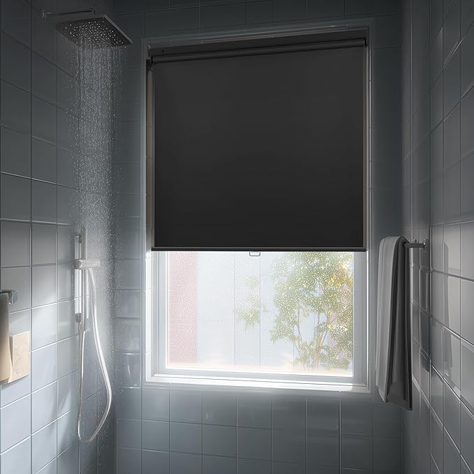 HESTIA No Drill Cordless Blackout Roller Shades Screwless Waterproof Shower Window Blinds, Auto-Retraction Easy Install Blind for Bathroom/Kitchen/Office/Exterior, Black, 55.5" W x 54" H